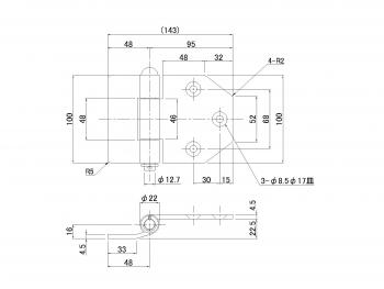 ブロック蝶番 中溝サイド 22.5mm段 L メッキ